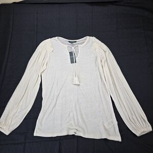 NWT Ralph Lauren ivory Linen-Blend Blouse long sleeve  Top. Size medium